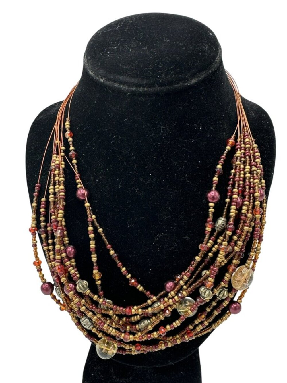 Seed Bead Necklace Brown Multistrand Wire Glass Beads Fairy Kei Chunky Statement